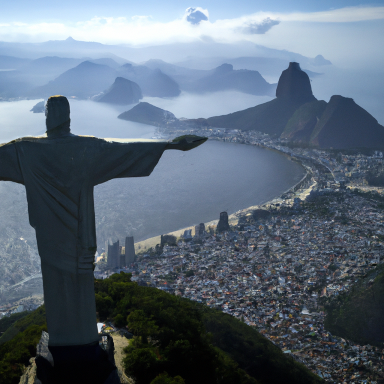 Foto aerea antiga do Cristo Redentor, na cidade do Rio de Janeiro, Brasil, com a cidade do Rio de Janeiro ao fundo.