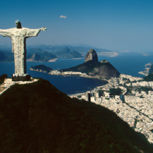 Foto aerea antiga do Cristo Redentor, na cidade do Rio de Janeiro, Brasil, com a cidade do Rio de Janeiro ao fundo.