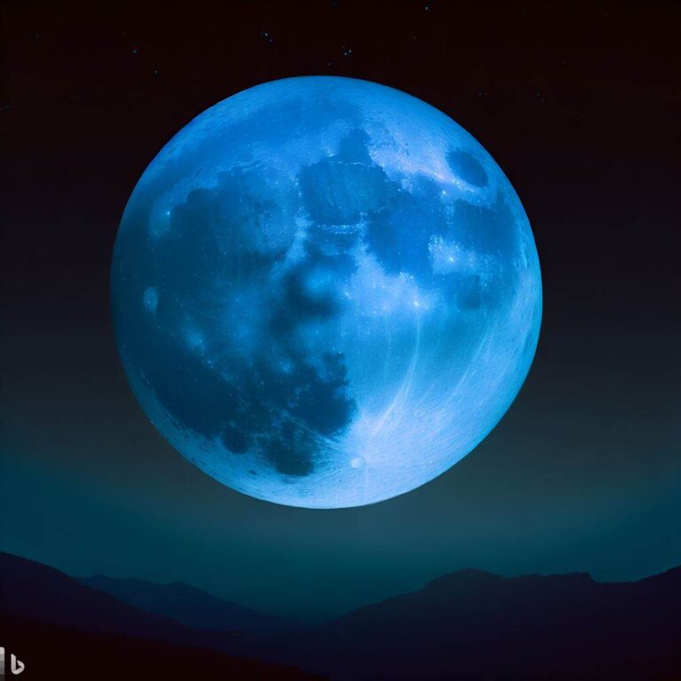 Imagem com uma grande Lua Azul ao centro e e montanhas ao fundo da pasaigem.