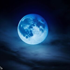 Imagem de uma grande Lua Azul entre as nuvens espaçadas. Fenômeno acontece no dia 31 de Agosto de 2023.