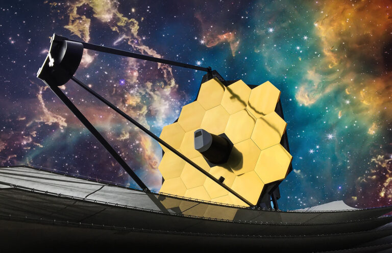 Representação artística do Telescópio Espacial James Webb no espaço. Crédito: Dima Zel - Shutterstock