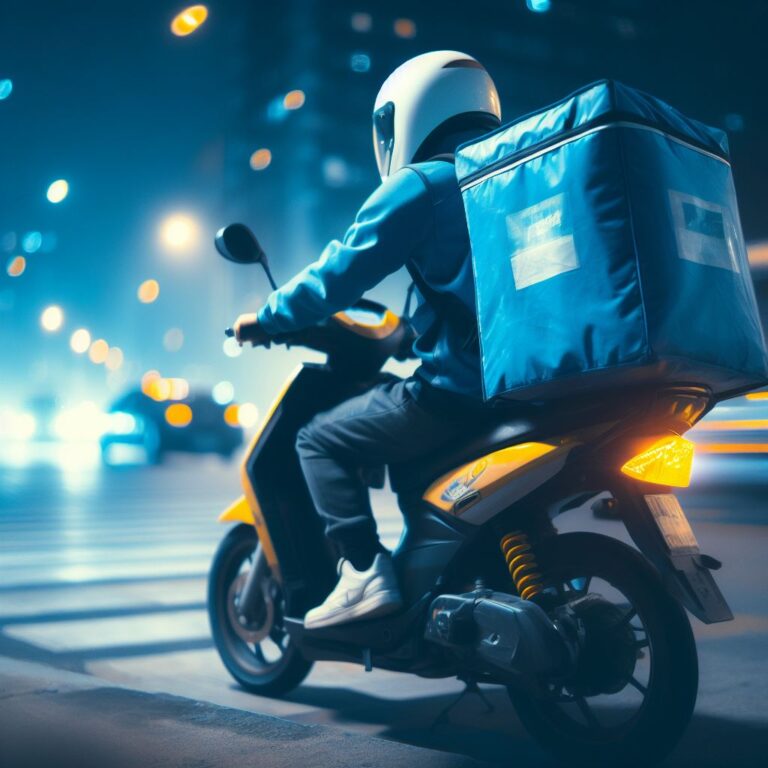 Uma pessoa em uma moto amarela e preta com uma bolsa azul de entrega nas costas. A pessoa está usando um capacete branco e uma jaqueta azul. O fundo é uma rua borrada com carros e prédios. A foto foi tirada à noite, com a lua visível no fundo.
