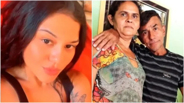 Montagem com duas imagens, a primeira da filha e a segunda com o pai e mãe da família que foi assassinada no Ceará.