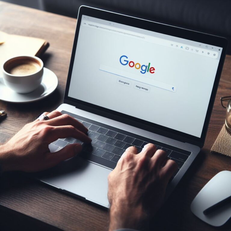 Uma pessoa usando um laptop com a pesquisa do Google aberta na tela, com uma xícara de café na mesa.