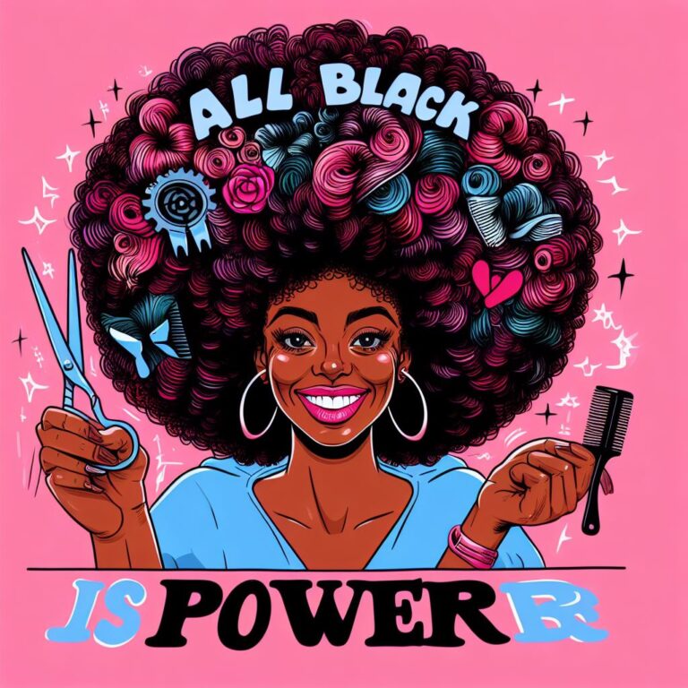 Imagem de fundo rosa, com o desenho de uma bela mulher negra, com o seu poderoso cabelo Black Power.